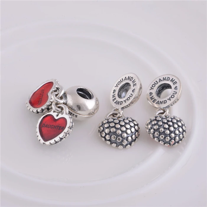 

925 Sterling Silver Red Enamel Mother & Daughter Heart Pendant Charms Beads Fits Pandora bracelets Jewelry Mother's Day Gift