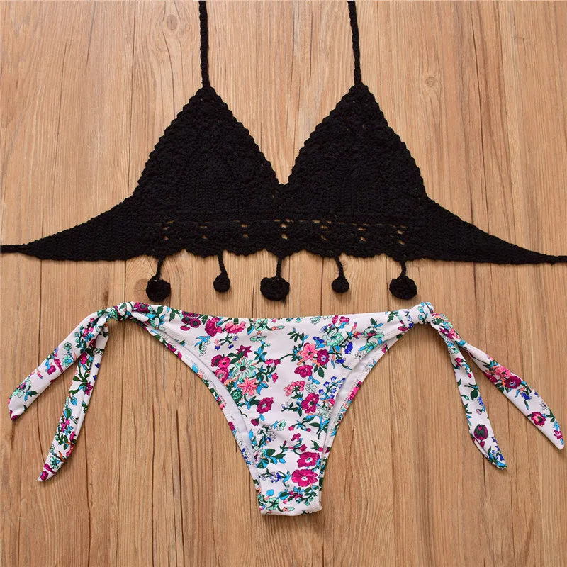 2017 крючком ванный комплект кисточкой Бикини Топ белый повод цветочный Низ