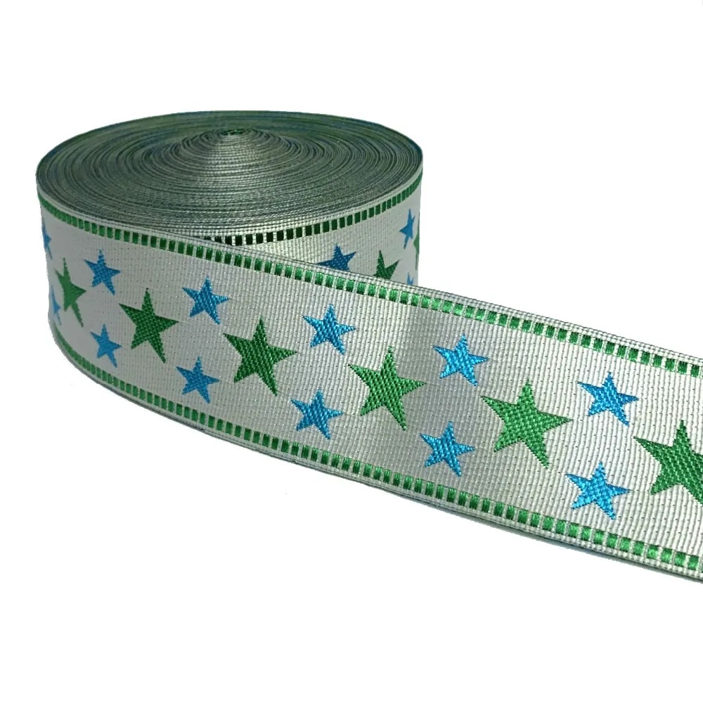 

ZERZEEMOOY 34MM 10YARD/LOTS DIY Handmade Accessories Green and Blue Pentagram Woven Jacquard Ribbon MZZD19032706