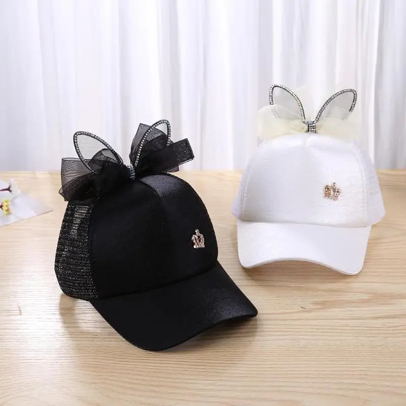 Summer Girls Baseball Cap with Silk Ribbon Ears Cute Kids Outdoor Sunscreen Peaked Children Breathable Visor Sun Shade Hat | Детская