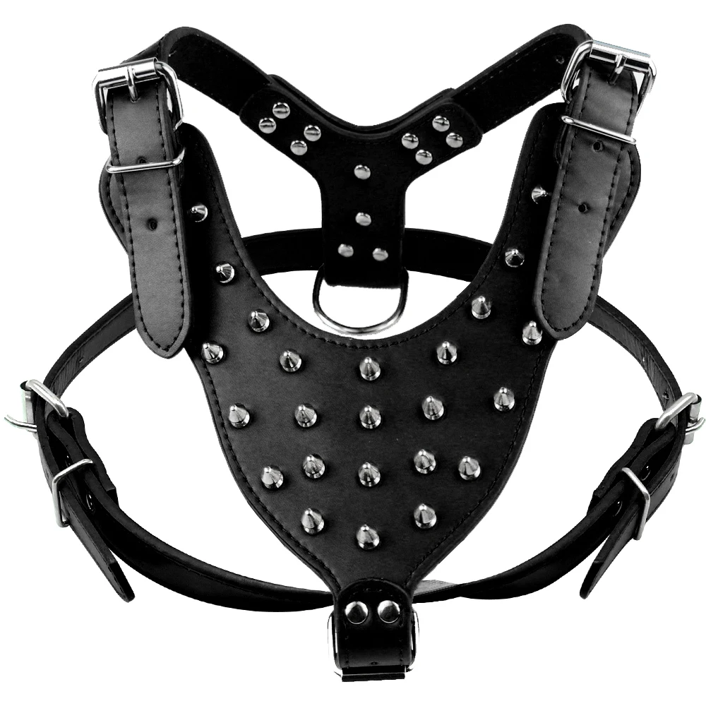 Черная кожаная шлейка с шипами для собак крупных пород|spiked leather dog harness|dog harnesspet