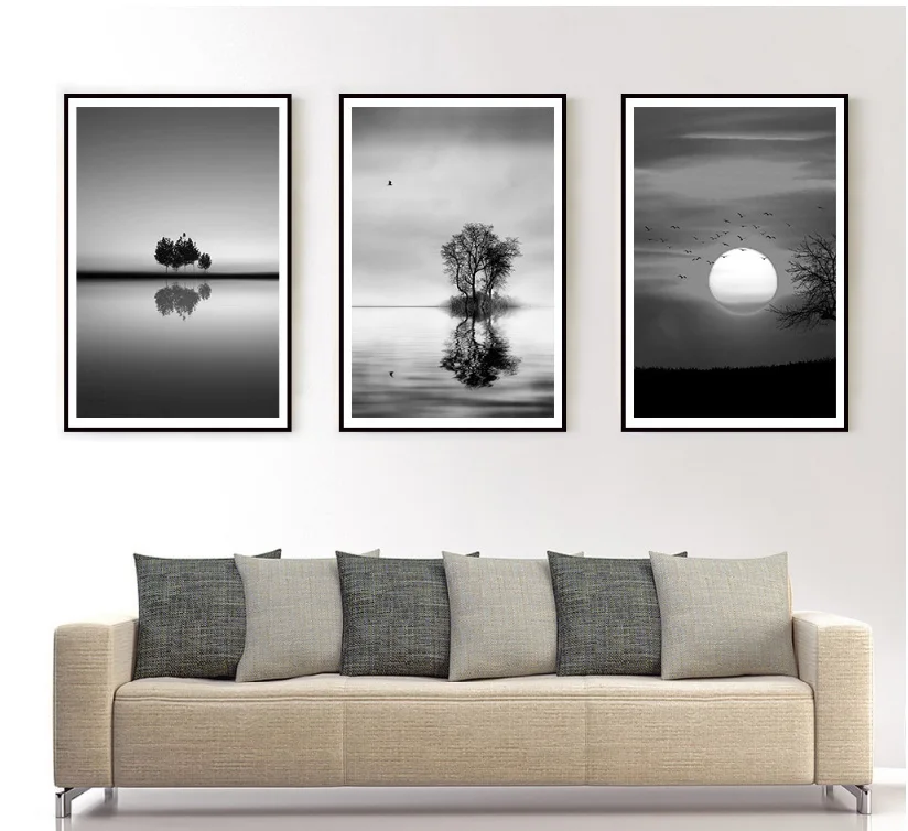 

Artistic conception of black and white landscape trees birds sunset decorative painting unframed