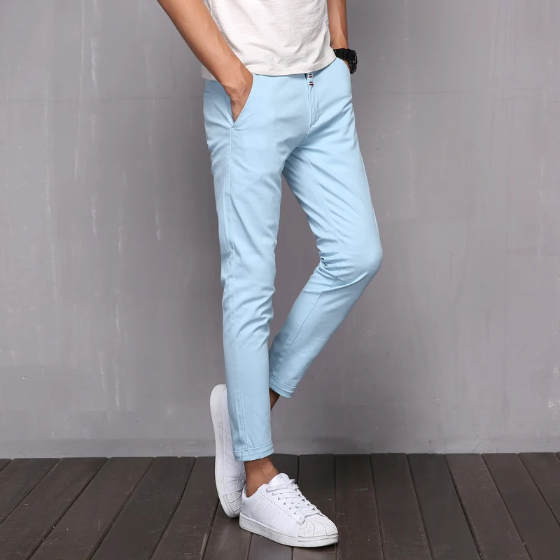 YINOS High Stretch Casual Men Pants Solid Color Ankle-Length Skinny Slim Spring Summer Black White Trousers Homme Pant 2017 | Мужская