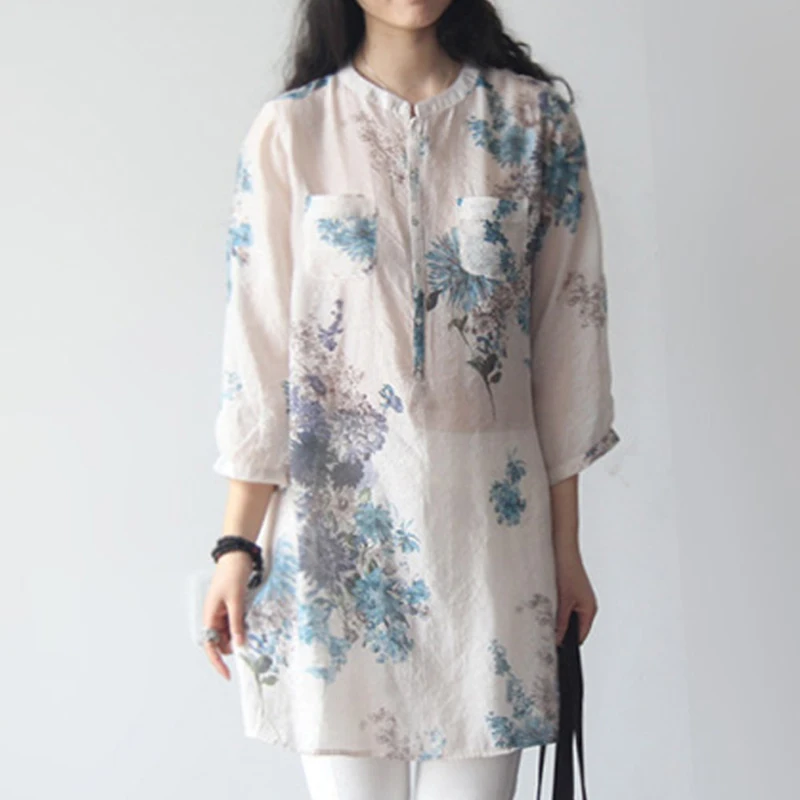 Блузка женская летняя из хлопка и льна с рукавом три четверти|Блузки| |