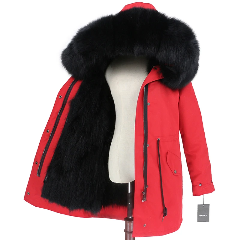 OFTBUY пальто с натуральным мехом, зимняя куртка для женщин, натуральный Лисий мех, водонепроницаемая парка, съемная верхняя одежда, Толстая теплая уличная одежда, бренд - Цвет: red black black D