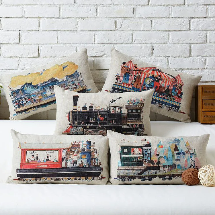 

Cartoon pillow cover, Retro creative Cartoon circus ship train waist pillow case pillowcase
