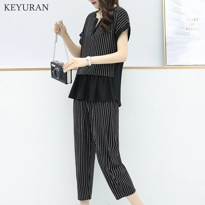 Summer New 2019 Women Fashion Stripe Two Pieces Sets Female Patchwork Tops and Ankle Length Pants Woman Casual Loose Suits L3112 | Женская
