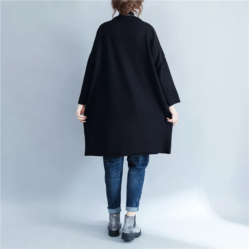 Дамское теплое хлопковое свободное платье-джемпер с длинными рукавами и стоячим