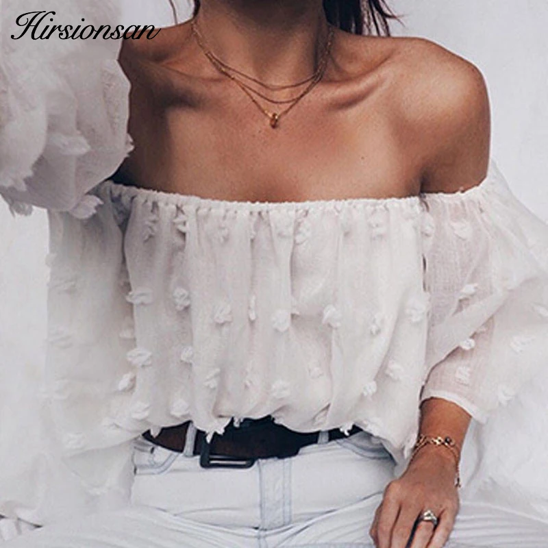 Сексуальные блузки с открытыми плечами женские 2019 новые пышные рукава 3D