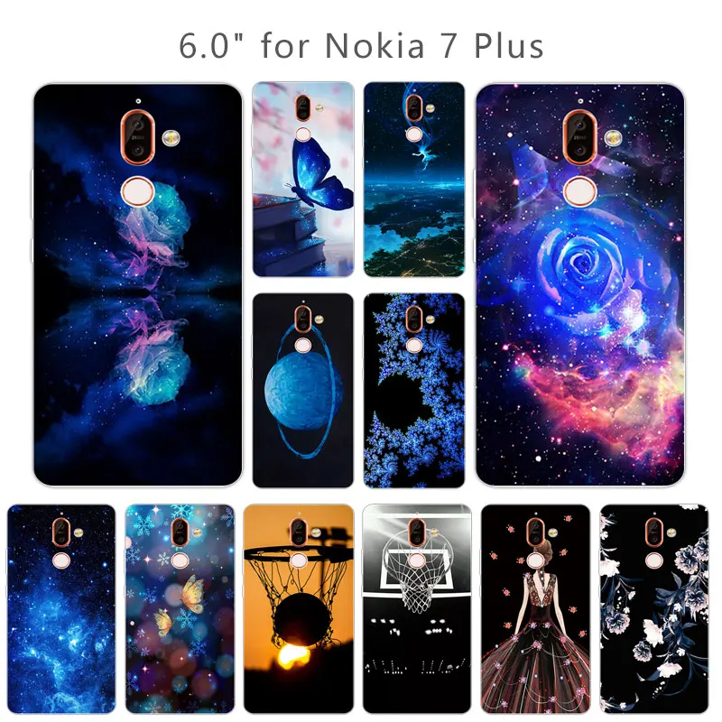 6 0 дюйма для Fundas Nokia 7 Plus прозрачный ТПУ Синий чехол телефона силиконовый Coque