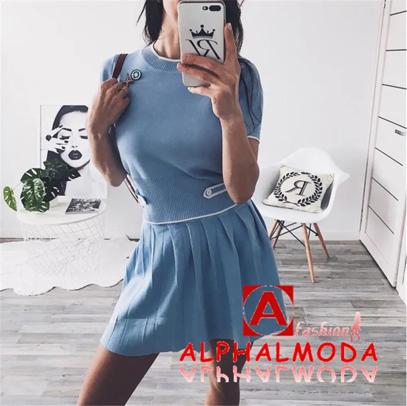 ALPHALMODA летние женские трикотажные футболки с коротким рукавом+ юбки А-силуэта, комплекты из 2 предметов, украшенные аппликацией, спортивные женские костюмы