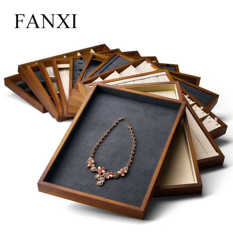 FANXI New Solid Wood Jewelry Display Tray Cream-white & Dark Grey Necklace Bracelet Ring Organizer Tray Jewelry Display Stand fanxi elegant double ring stand sets transparent matte acrylic jewelry display set 2 slots holders shop exhibitor