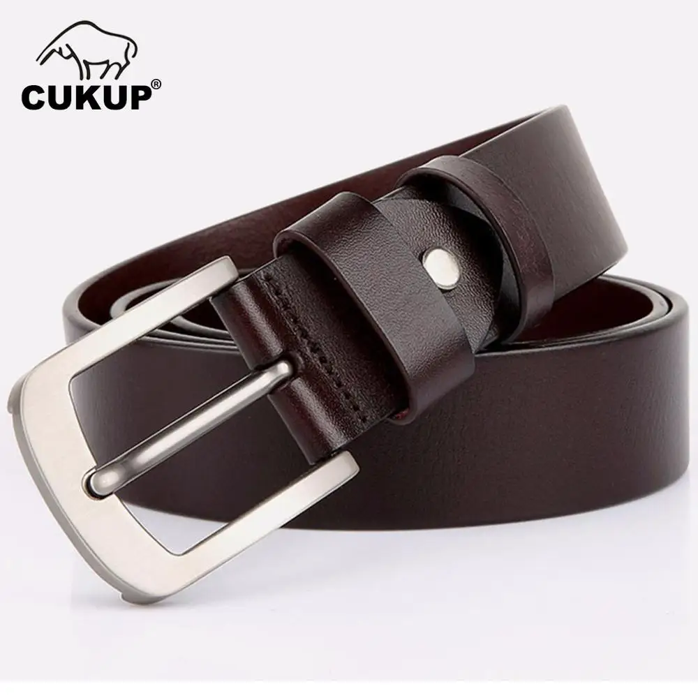 CUKUP Quality 100% Pure Solid Cowhide Leather Belts Simple Pin Buckle Male Casual Styles Jeans Belt for Men 38mm Width NCK614