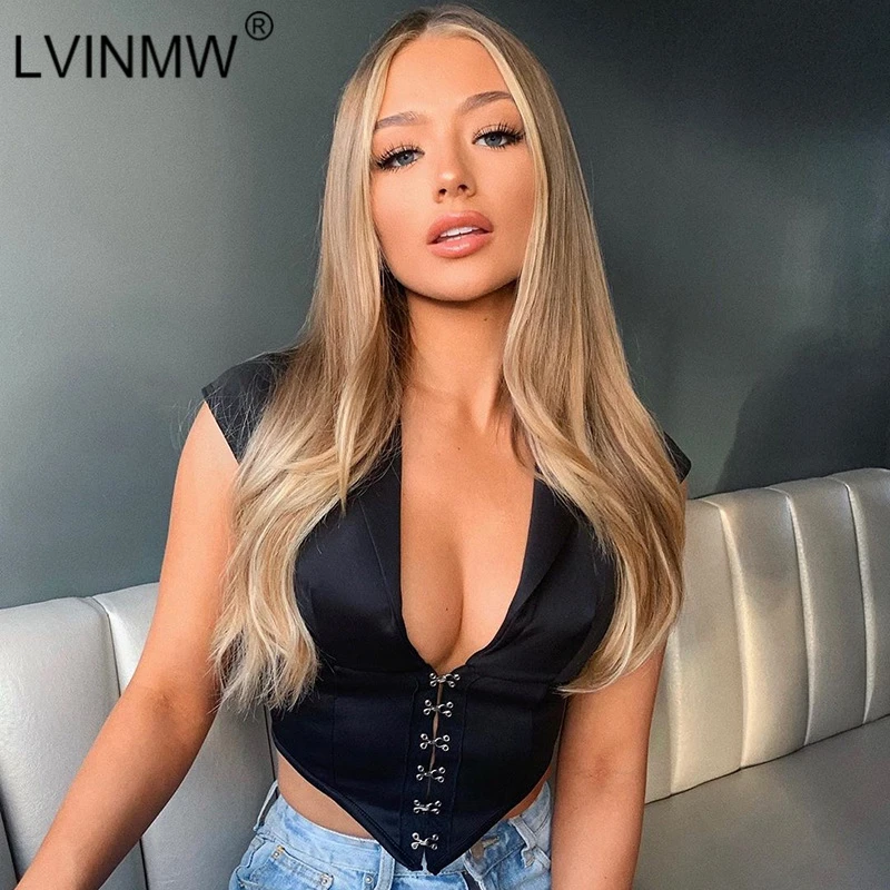 LVINMW сексуальный черный глубокий v образный вырез однобортный укороченный топ 2019