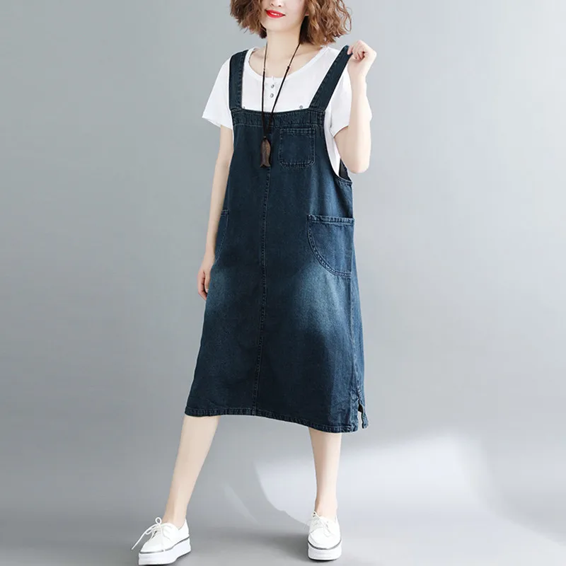 Casual Sleeveless Strap Jeans Dress Women Front Pocket Slit Literary Vintage Plus Size Suspender Denim Sundress Overalls Dresses | Женская
