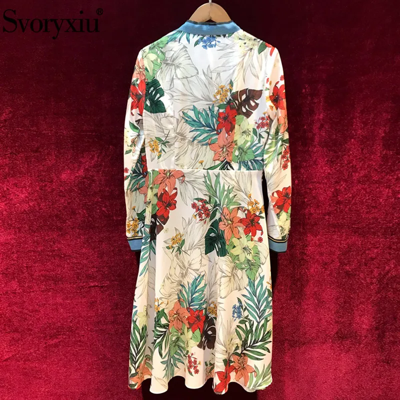 Svoryxiu Autumn Winter Runway Floral Print Dress Women's Elegant Long Sleeve luxury Beading Vintage Knee Length Dresses Female