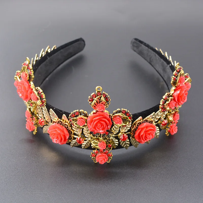Retro Palace Baroque Crown Gold Leaves Wide Cross Headband Rose Flower Velvet Headdress For Women Bride Wedding Hair Accessories | Украшения