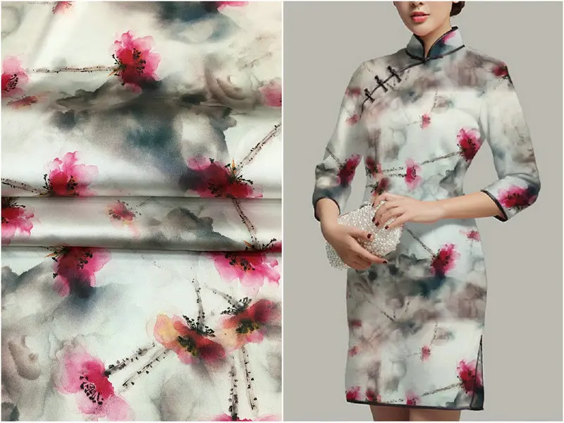 

108cm wide 19mm 97% silk & 3% spandex ink pad print stretch white silk satin fabric for dress shirt clothes cheongsam C009