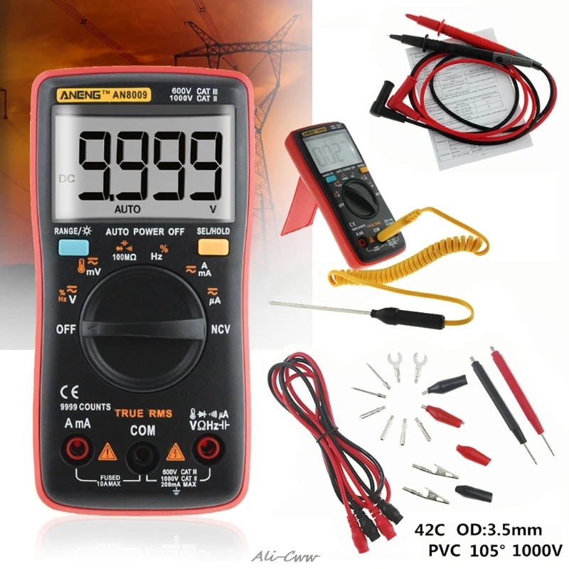 

AN8009 True-RMS Auto Range Digital Multimeter NCV Ohmmeter AC/DC Voltage Ammeter +Gift Crocodile Clip Test Line Freeshipping