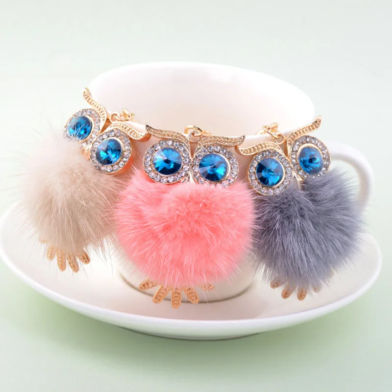 

New Owl Faux Rabbit Fur Pompom Keychain Fluffy Animal Fur Ball Pendant Key Rings Key Holder Bag Ornament for Women CH3530