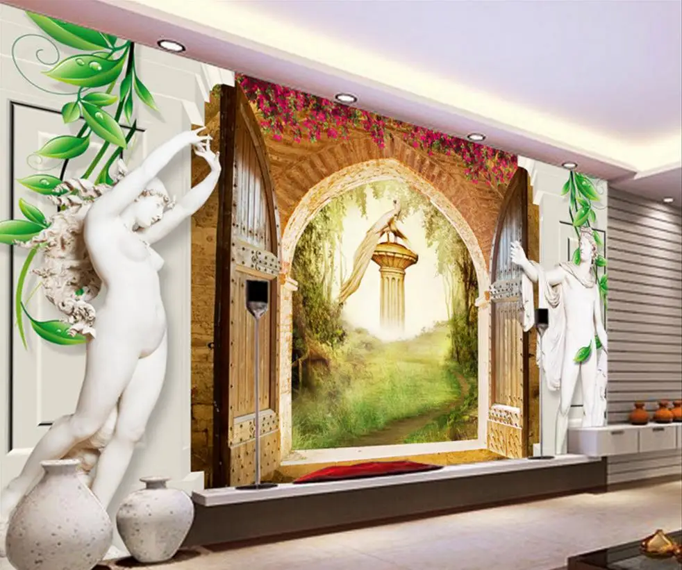 

3d wallpaper walls Custom HD European style door 3d Roman sculpture rose TV background wall