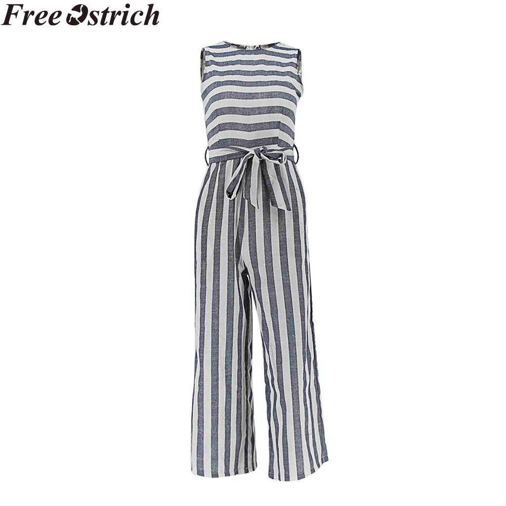 Women Summer Striped Wide Legs Jumpsuit Business Long Sleeveless High Waist Plus Size bodysuit Ladies V-neck Soft Casual Rompers | Женская