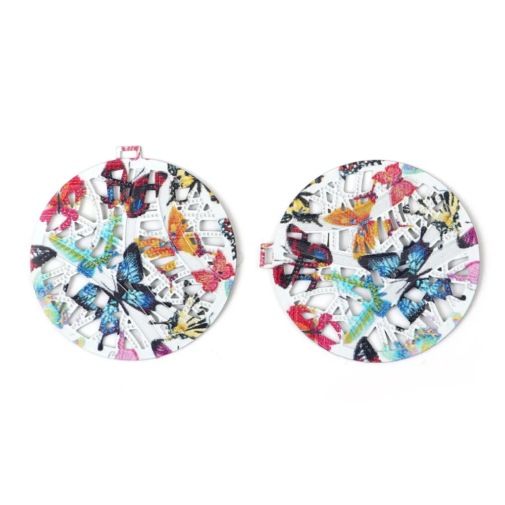 DoreenBeads сплав железа эмалью картина Кулон Подвески Круглый зеленый бабочки филигрань 38 мм(4/") x 36 мм(3/"), 5 шт