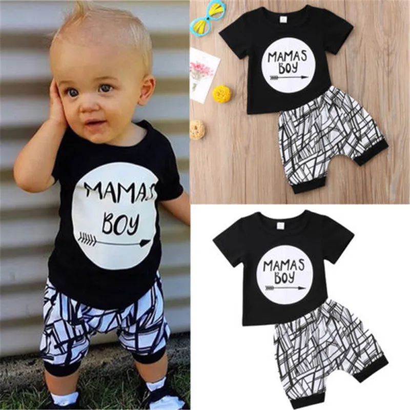 0-24M New Born Baby Clothes 2pcs Set Black Letter Print Tshirt For Boys White Stripe Pants Legging Newborn |