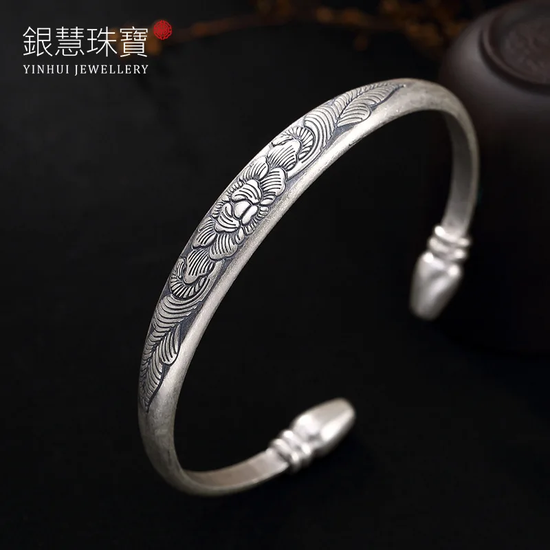

2018 Hot Sale S999 Fine Silver Peony Han Edition Silver Antique Lady Bracelet Wholesale Matte National Wind Openings
