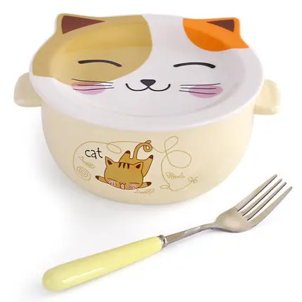 With fork Oussirro мультфильм Творческий чаша для лапши быстрого приготовления с крышкой керамическая чаша милый студент работа миска для супа чаша - Цвет: With fork