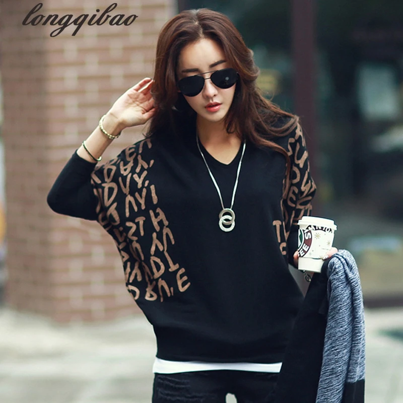 

Spring and Autumn new female long-sleeved V-neck cotton printing bat sleeve T-shirt TB16
