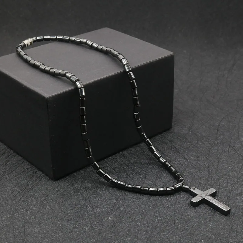2019 Health Energy Healing Black Hematite with Magnetic Therapy Jesus Cross Beaded Surfer Necklace for Men and Women Jewelry LG1