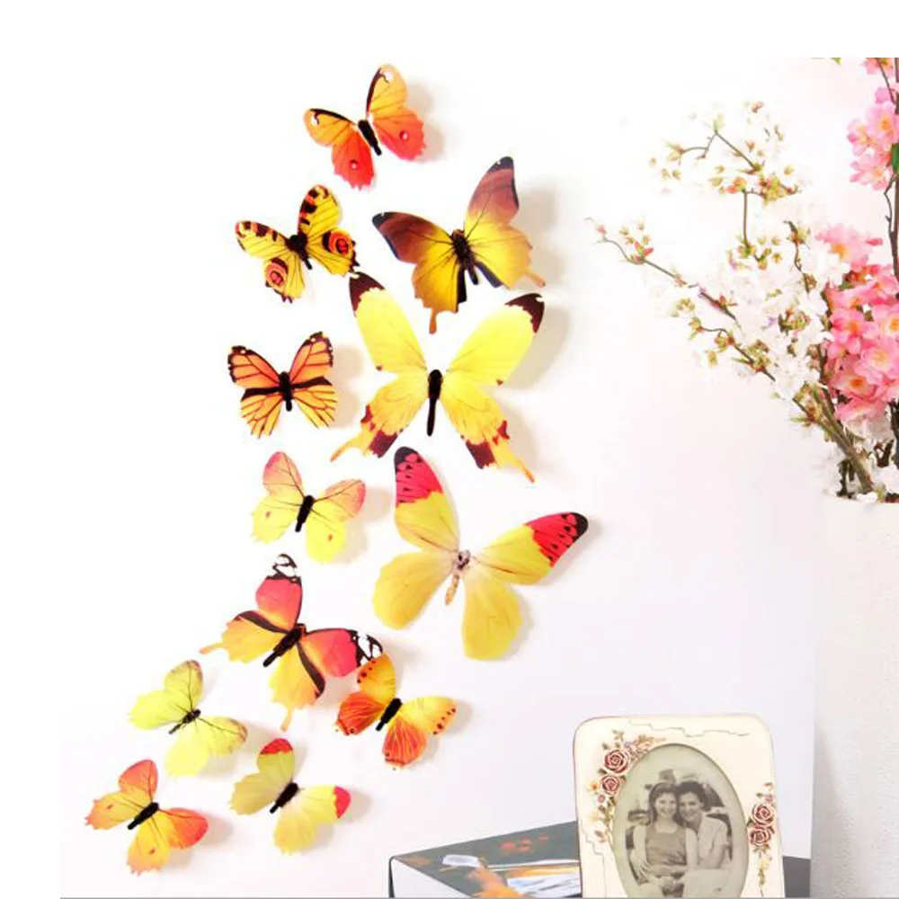 12 шт./лот ПВХ бабочки наклейки 3D стены Home Decor плакат Дети номера отделка стен для