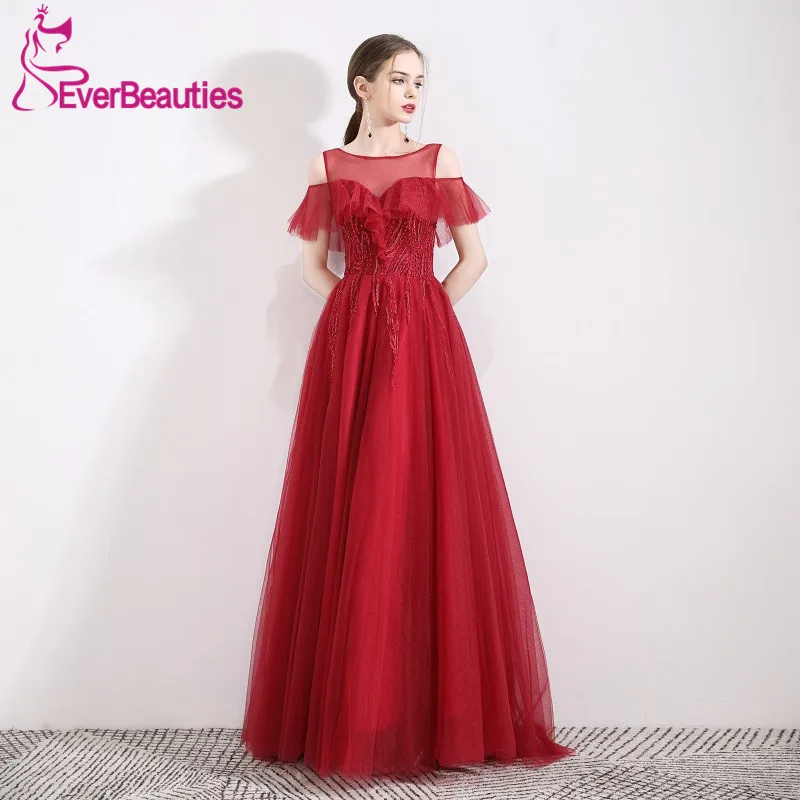 

Robe De Soiree Elegant Wine Red Evening Dress Long Abiye Gece Elbisesi Tulle Appliques Evening Gowns Abendkleider 2020