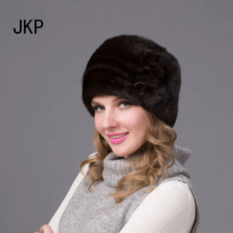 JKP 2018 женская меховая шапка из натуральной норки с цветочным узором шапочки