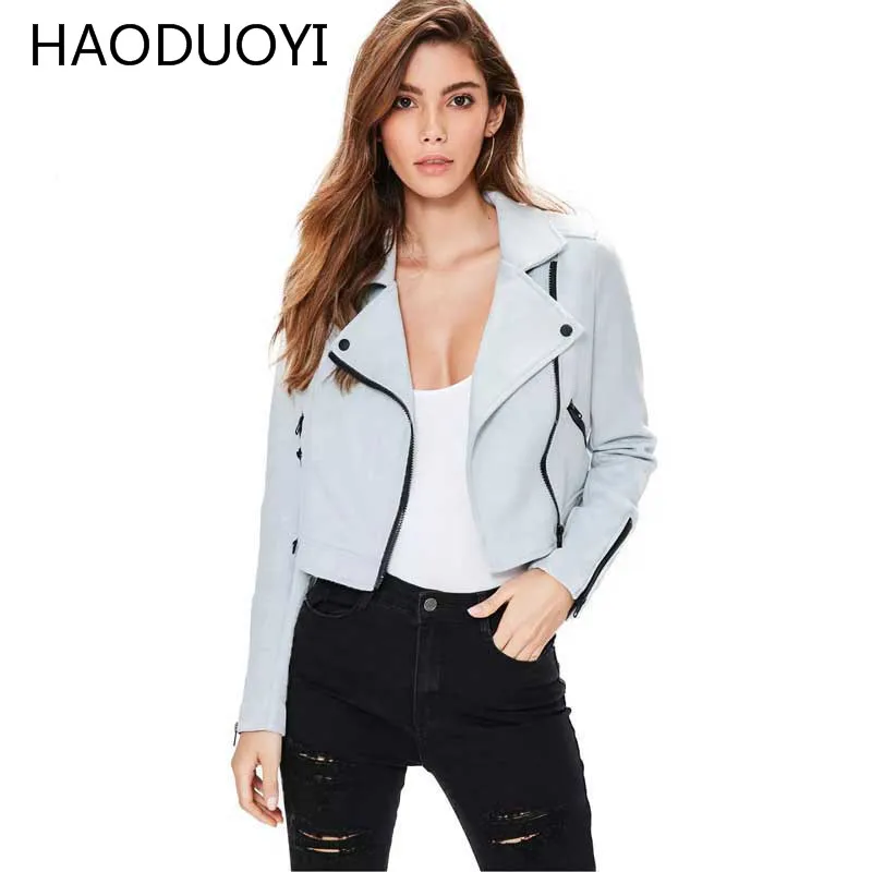 Haoduoyi моды осень Для женщин мотоцикл PU Базовая куртка замшей косой молнией
