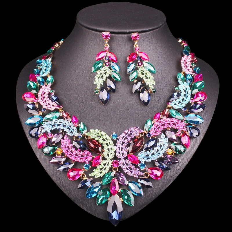 Fashion Indian Bridal Leaf Jewelry Sets Wedding Party Costume Necklace Earrings crystal set of jewellery for Brides Women | Украшения и