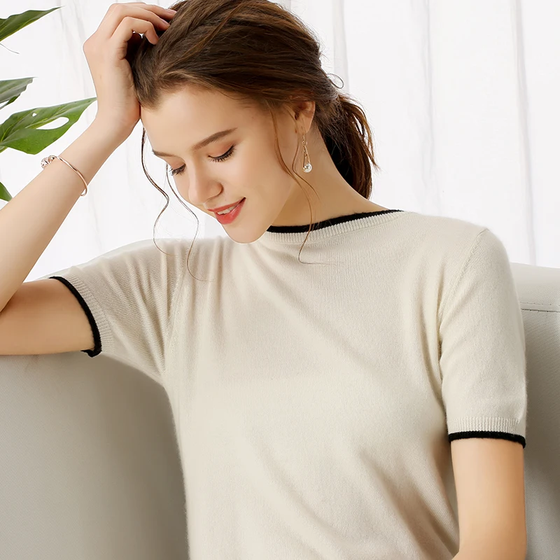 

Round neck pullover solid color short-sleeved sweater female half-sleeve cashmere sweater knit bottoming shirt thin section