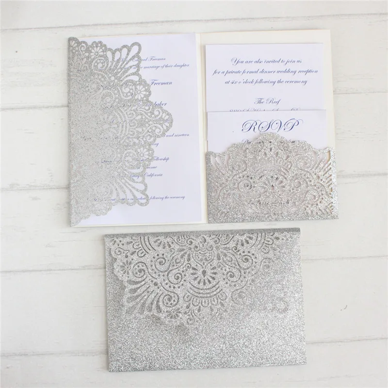 Glitter laser cut wedding invitations tri-fold pocket invitation 50pcs gold silver rose custom printing invite RSVP | Дом и сад