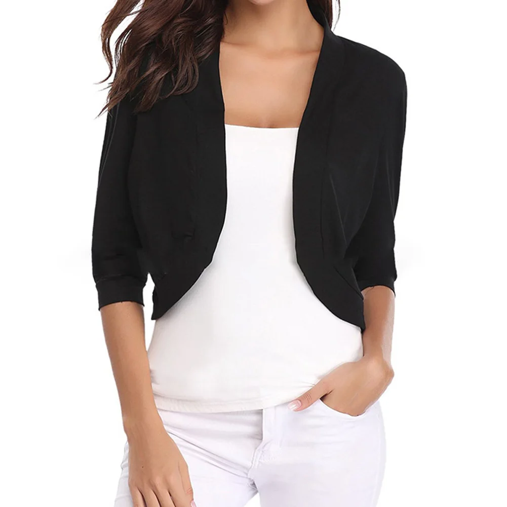 Черный Модный женский кардиган, укороченный топ, болеро, открытая передняя часть, дизайн размера плюс, укороченные кардиганы с шармами, топы с коротким рукавом - Цвет: Черный