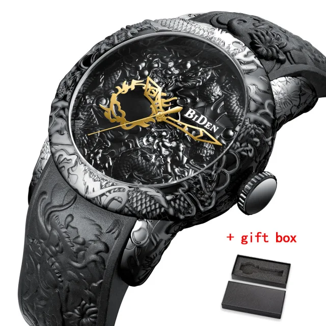 BIDEN black with box Biden Топ бренд класса люкс Золотой 3D Скульптура Дракон Мужские кварцевые часы для мужчин спортивные часы креативные наручные часы Relogio Masculino - Цвет: BIDEN black with box