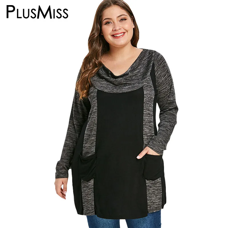 PlusMiss плюс размер 5XL свободные футболки с длинными рукавами и двойным карманом