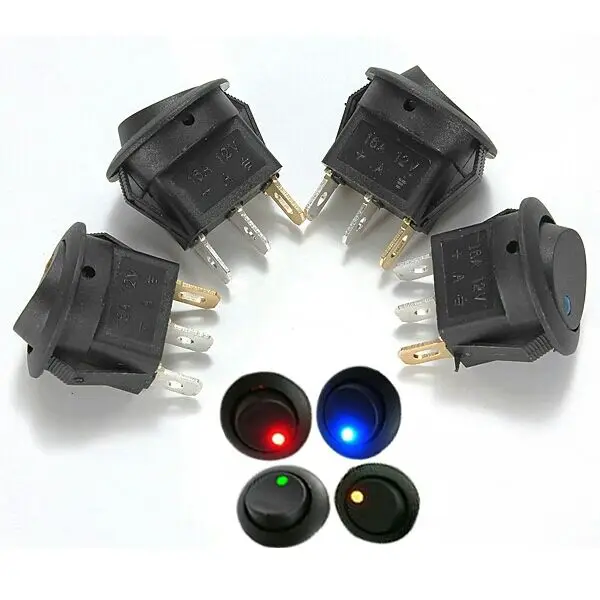 

100Pcs red amber green Blue 12V LED Dot Light Car Boat Round Rocker ON/OFF SPST Switch 3 Pins With LED