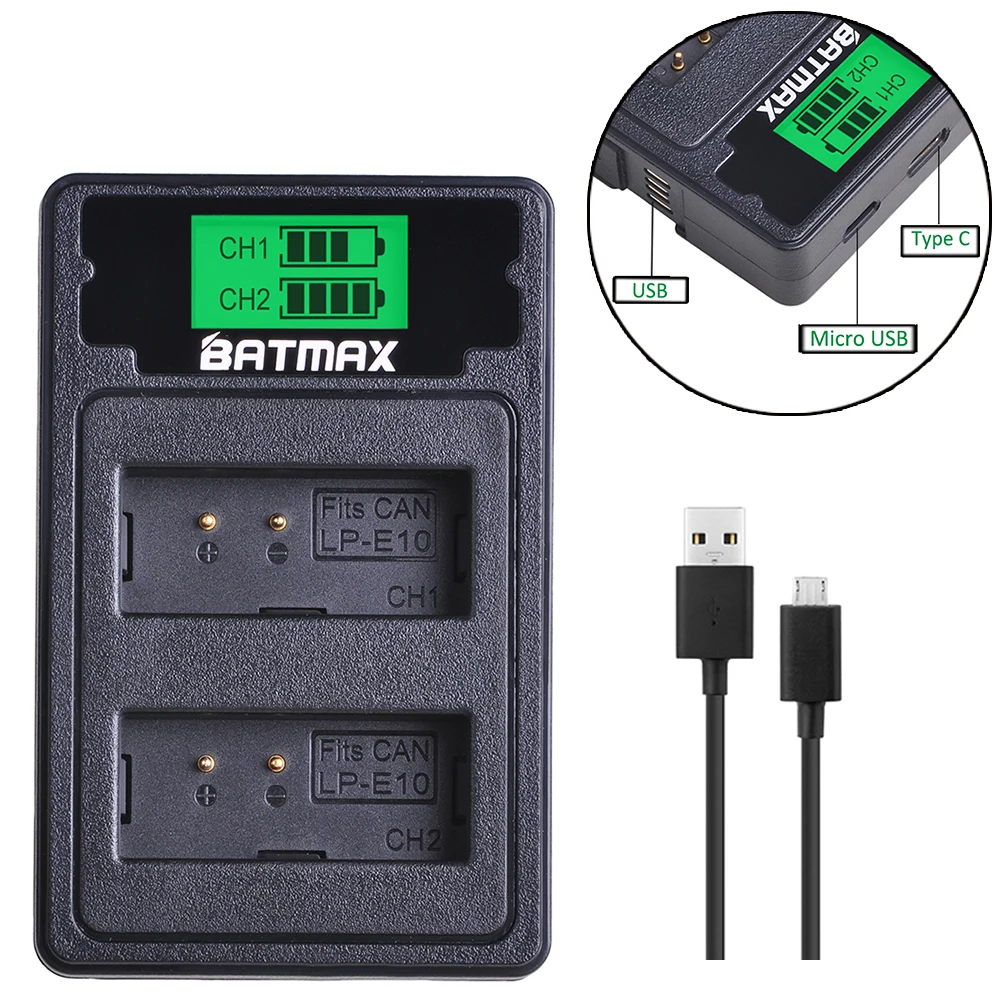 2 шт. LP-E10 LP E10 LPE10 батарея+ lcd USB двойное зарядное устройство с портом type C для Canon 1100D 1200D 1300D Rebel T3 T5 KISS X50 X70