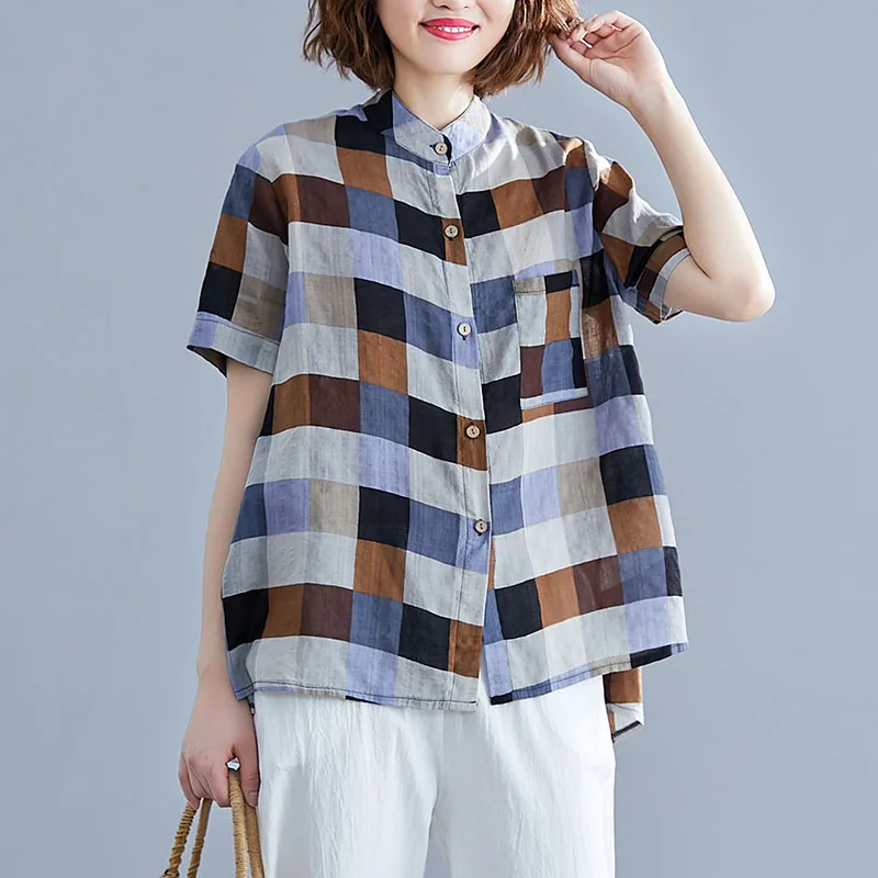 Клетчатая рубашка для женщин свободная Асимметричная одежда офиса летние
