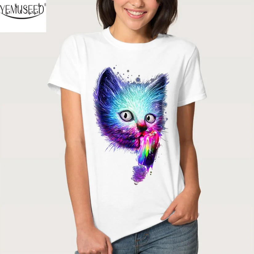 

YEMUSEED 2018 Women Girl T-shirt Fashion Color cat print Cartoon O-Neck Tops Shirt Tees FFV06