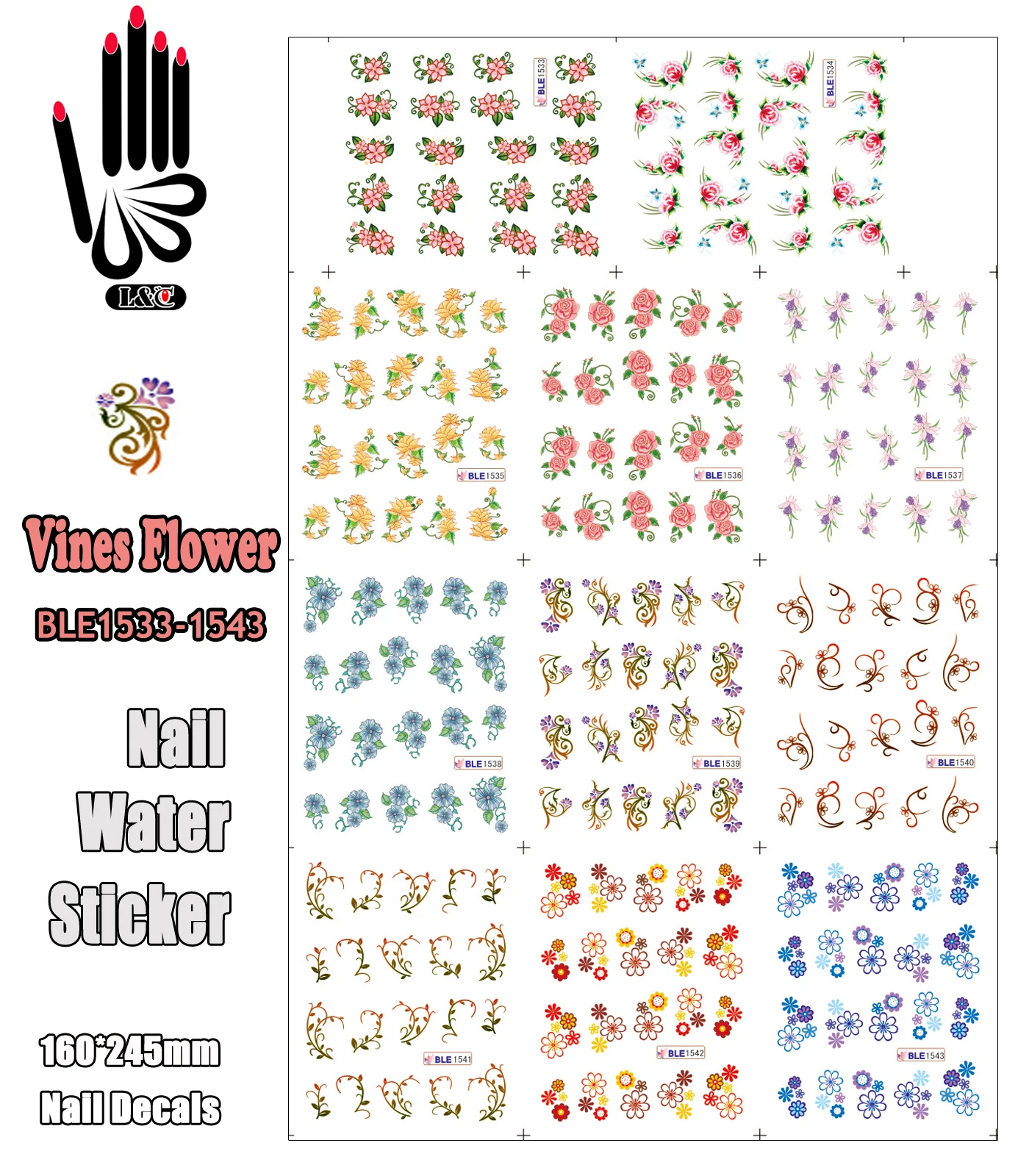 

11 Sheets/Lot Nail Water Decal BLE1533-1543 Colorful Vines Flower Nail Art Water Sticker Decals for Nail(11 DESIGNS IN 1)