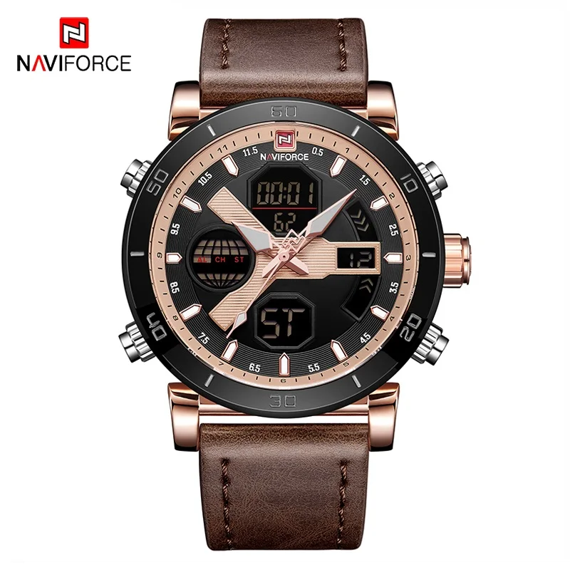 Часы NAVIFORCE аналоговые цифровые спортивные водонепроницаемые кожаные армейские