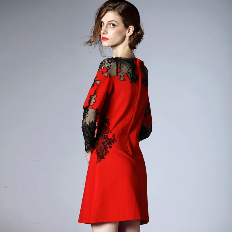 Европа 2015 осенью новинка кружева шить платье талии тонкий сплошной небольших