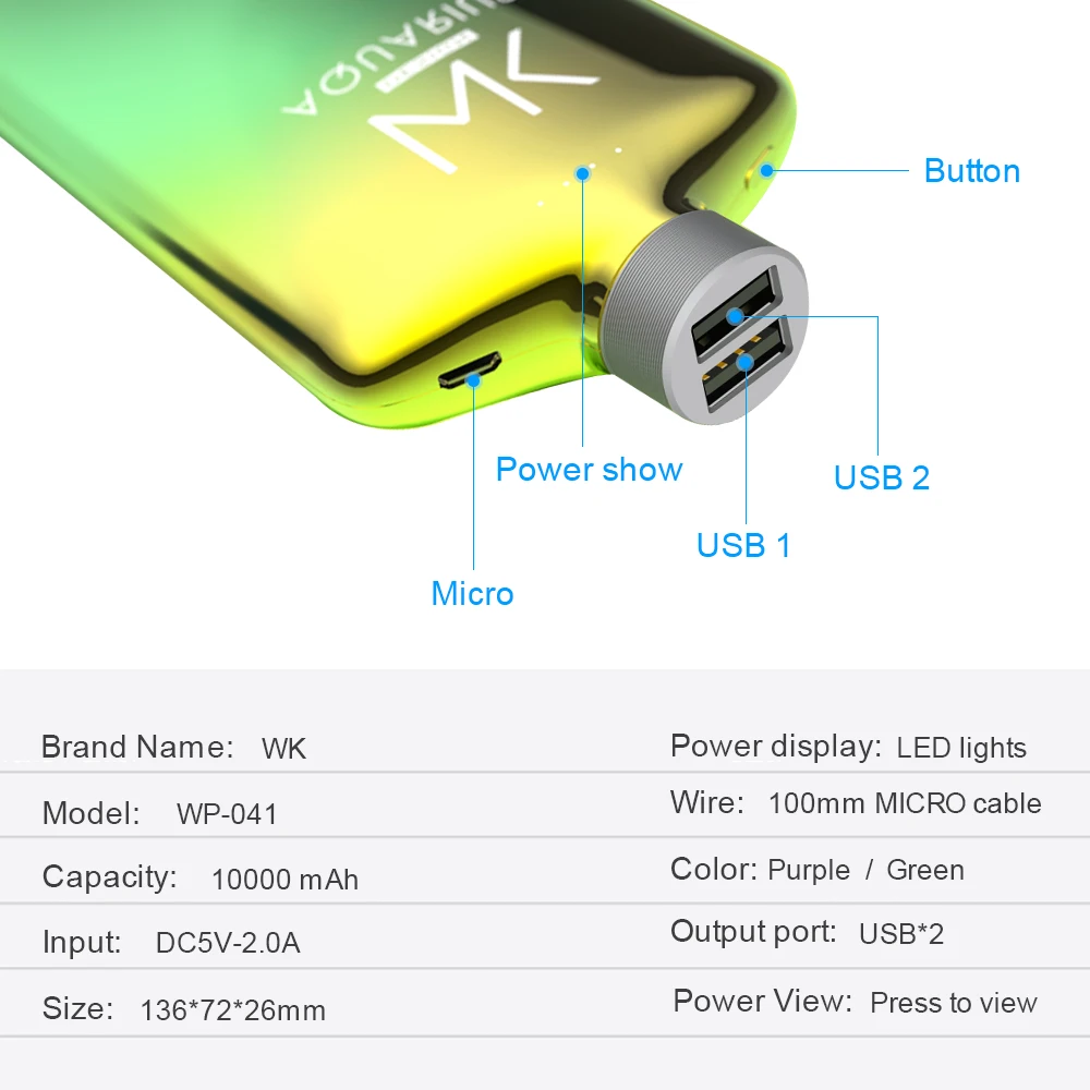 WK Power Bank 10000 мАч 2 USB порта портативный зарядный внешний аккумулятор на мовиль